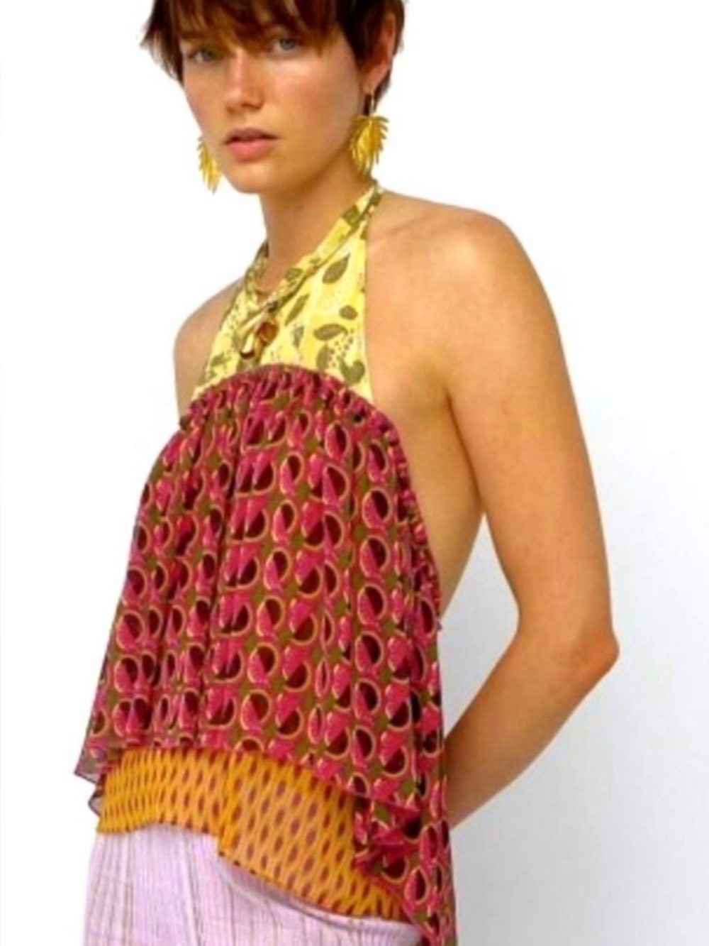 ZARA Geo-Floral Sheer Gold Thread Halter Top Size Small NWT